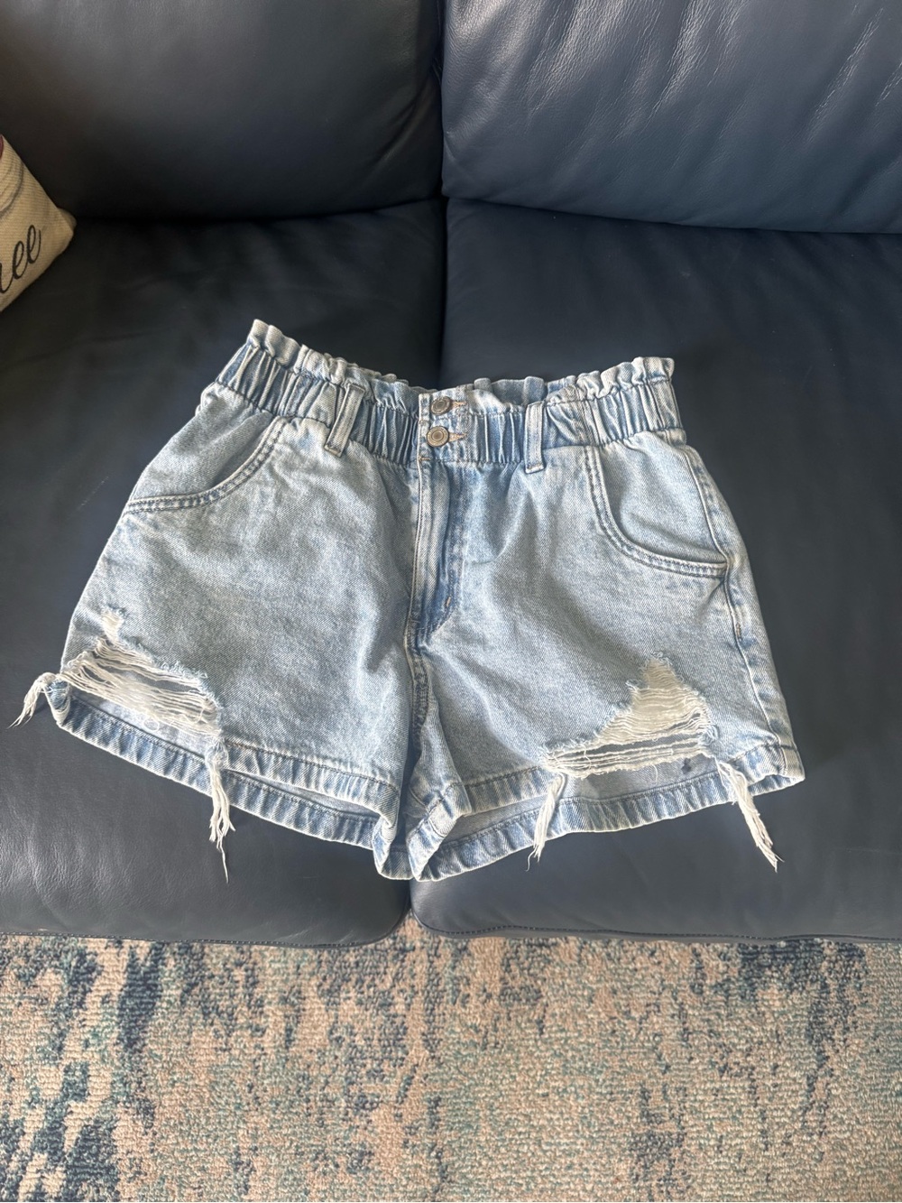 SO Light Blue Distressed Paperbag Waist Denim Shorts